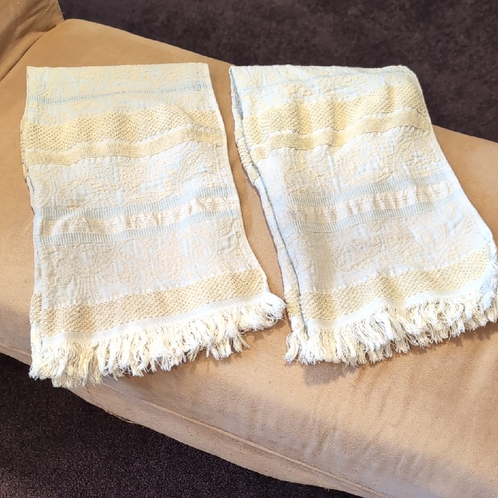 Set Of Two Cream And Blue Hand Towels